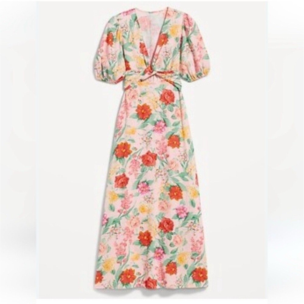 *Old Navy Fit &‎ Flare Twist Front Linen Maxi Dress Floral Print Cottagecore XL